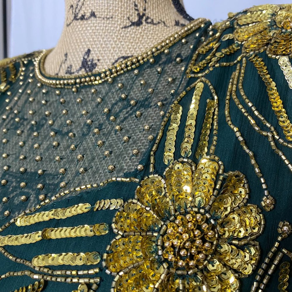 VTG Night Vogue Green Gold Embellished Maxi Dress - Picture 5 of 12